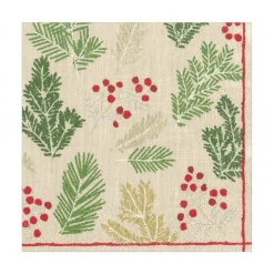 Caspari Christmas Napkins|Paper Luncheon Napkins|Sprigs and Berries Paper Luncheon Napkins in Linen - 20 Per Package