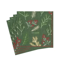 Caspari Christmas Napkins|Paper Cocktail Napkins|Sprigs and Berries Paper Cocktail Napkins in Evergreen - 20 Per Package