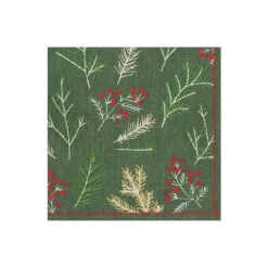Caspari Christmas Napkins|Paper Cocktail Napkins|Sprigs and Berries Paper Cocktail Napkins in Evergreen - 20 Per Package