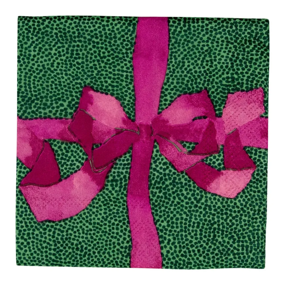 Caspari Christmas Napkins|Paper Cocktail Napkins|Tied With A Bow Green & Plum Cocktail Napkins - 20 Per Package