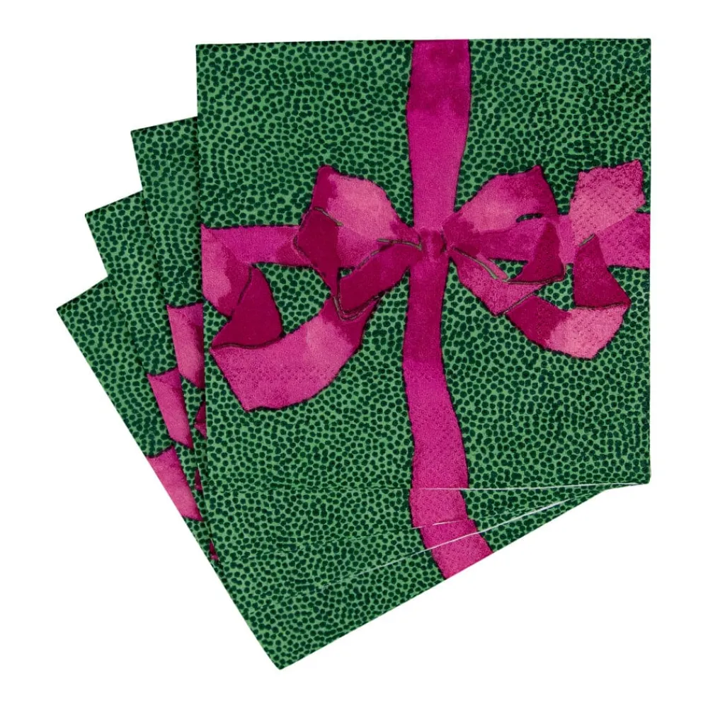 Caspari Christmas Napkins|Paper Cocktail Napkins|Tied With A Bow Green & Plum Cocktail Napkins - 20 Per Package