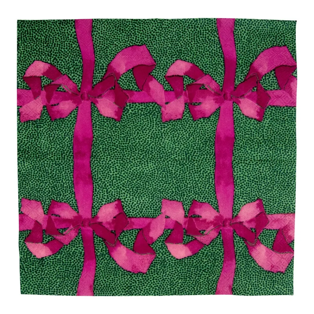Caspari Christmas Napkins|Paper Cocktail Napkins|Tied With A Bow Green & Plum Cocktail Napkins - 20 Per Package