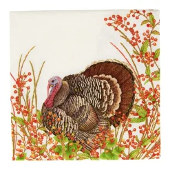 Caspari Thanksgiving|Paper Cocktail Napkins|Turkey And Berries Cocktail Napkins - 20 Per Package