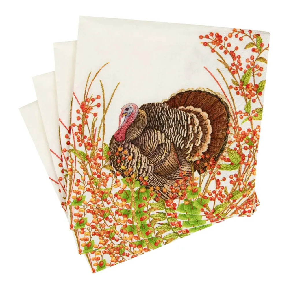 Caspari Thanksgiving|Paper Cocktail Napkins|Turkey And Berries Cocktail Napkins - 20 Per Package