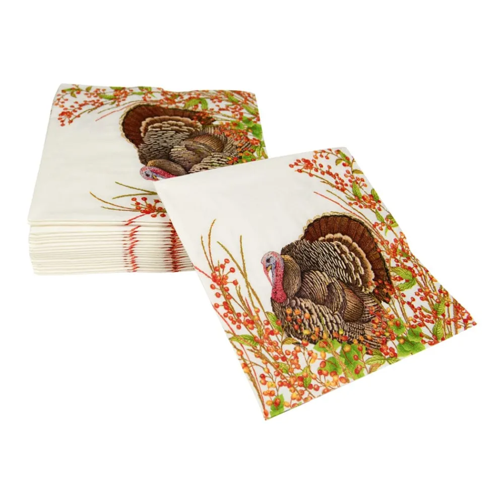 Caspari Thanksgiving|Paper Cocktail Napkins|Turkey And Berries Cocktail Napkins - 20 Per Package