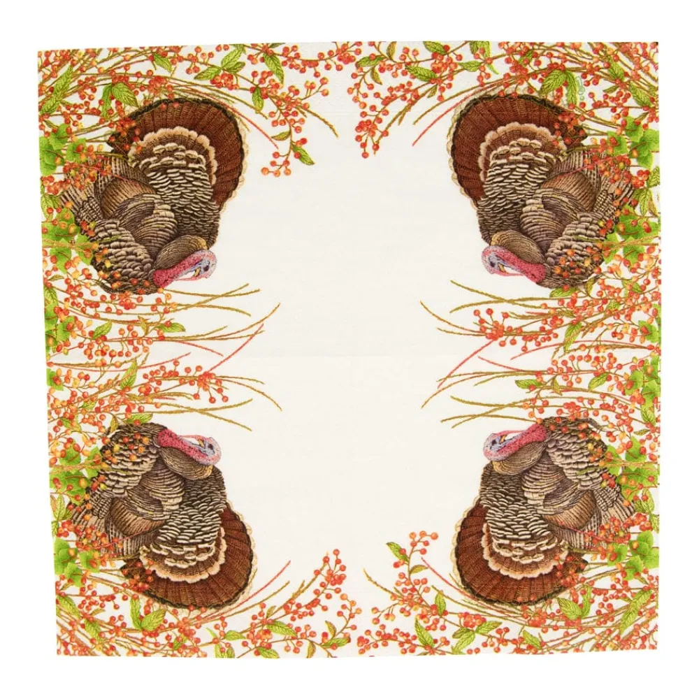 Caspari Thanksgiving|Paper Cocktail Napkins|Turkey And Berries Cocktail Napkins - 20 Per Package