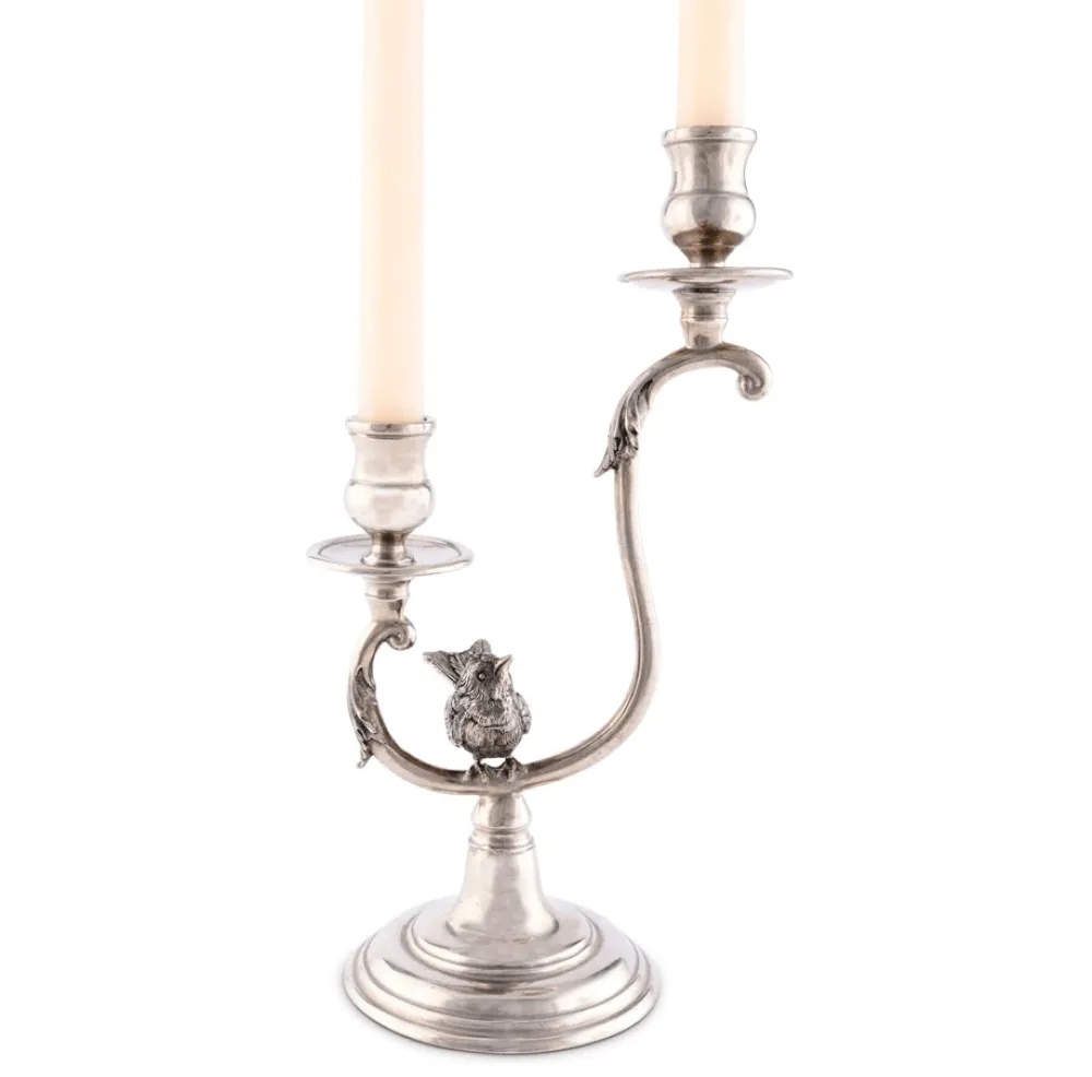 Vagabond House Lamps & Candle Holders|Candlesticks|Two Taper Pewter Song Bird Candelabra
