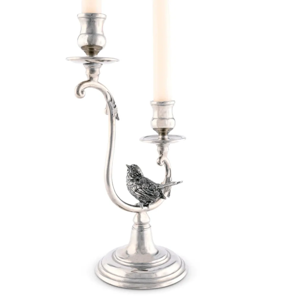 Vagabond House Lamps & Candle Holders|Candlesticks|Two Taper Pewter Song Bird Candelabra