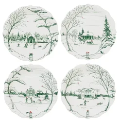 Juliska Serving Platters & Bowls|Ceramic Plates & Dinnerware|Winter Frolic Party Plates Assorted Set of 4 - Evergreen