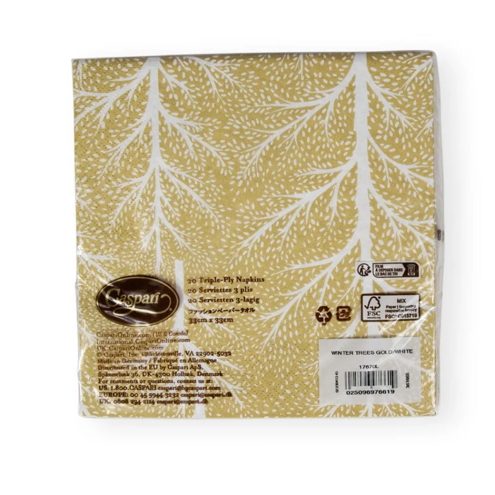 Caspari Christmas Napkins|Paper Luncheon Napkins|Winter Trees Gold & White Luncheon Napkins - 20 Per Package