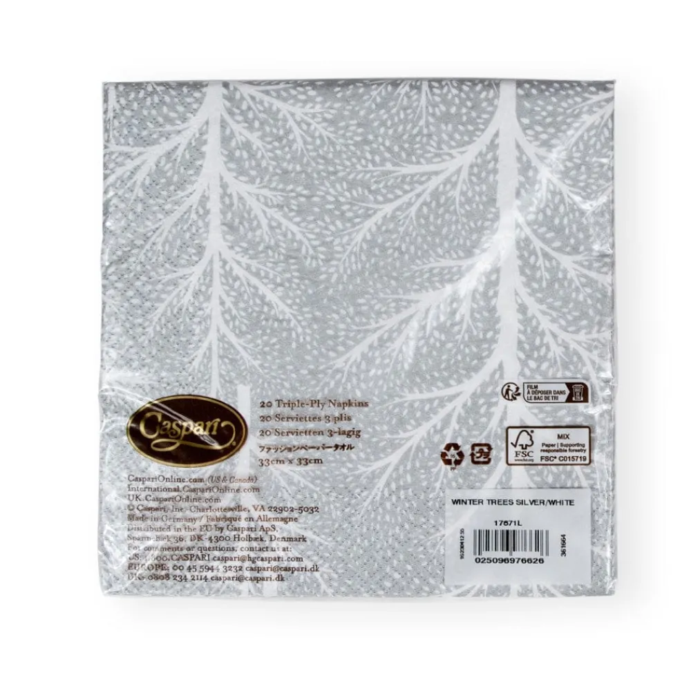 Caspari Christmas Napkins|Paper Luncheon Napkins|Winter Trees Silver & White Luncheon Napkins - 20 Per Package