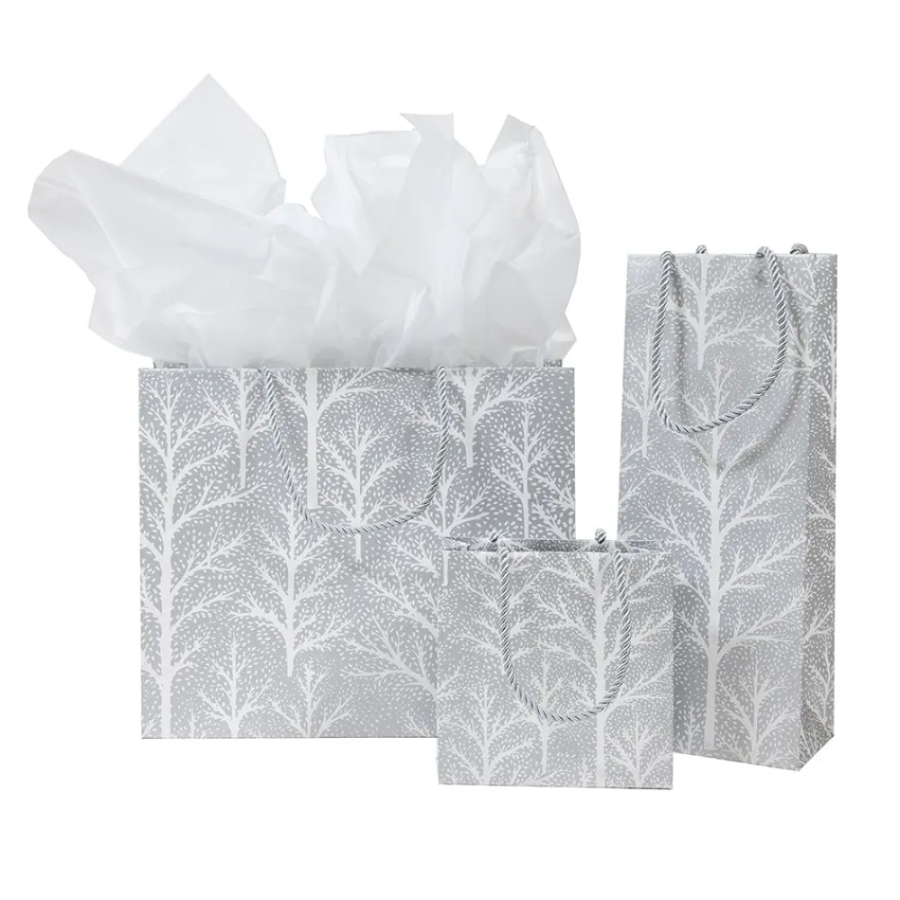 Caspari Christmas Gift & Bottle Bags|Gift & Bottle Bags|Winter Trees Silver Large Gift Bag - 1 Each