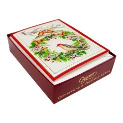 Caspari Christmas And Holiday Cards|Boxed Holiday Cards|Wreath And Woodpecker Petite Boxed Christmas Cards - includes 15 cards & envelopes